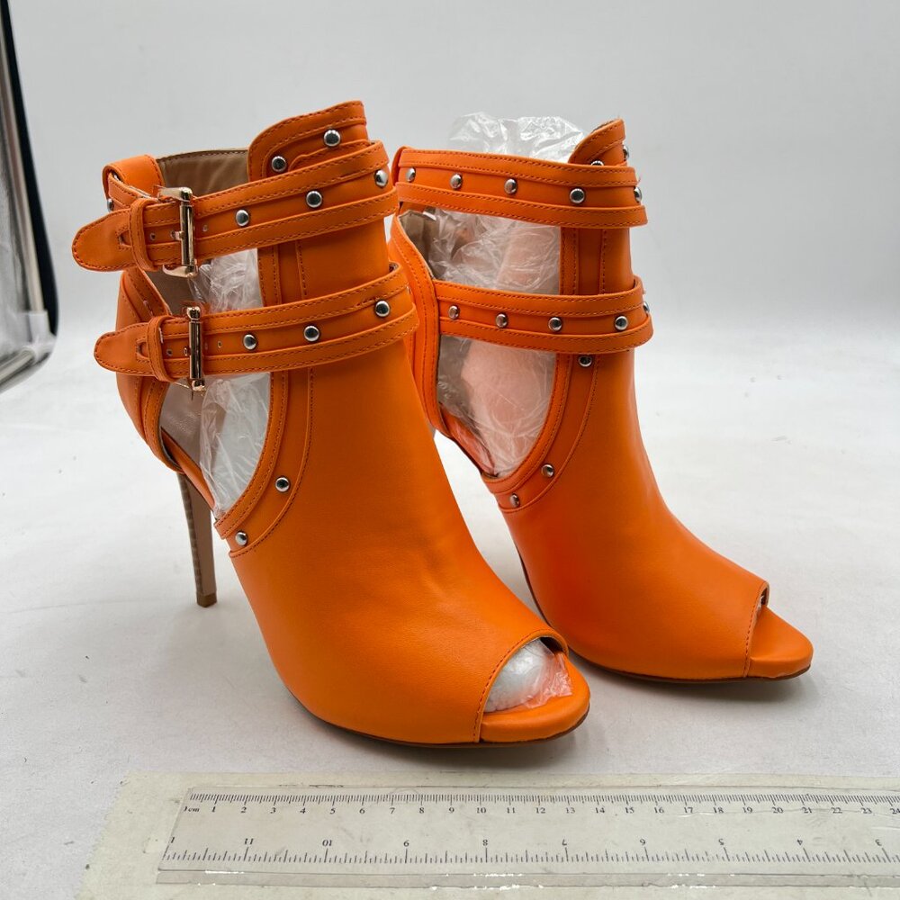 XYD Dark Orange Studs Peep Toe Ankle Bootie High Heel Buckled Double Strap Shoes - Picture 4 of 8